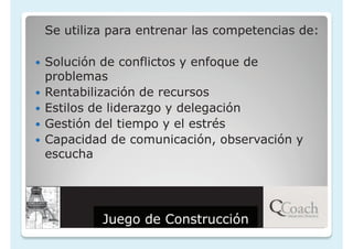 Se utiliza para entrenar las competencias de:

y   Solución de conflictos y enfoque de
    problemas
y   Rentabilización de recursos
y   Estilos de liderazgo y delegación
y   Gestión del tiempo y el estrés
y   Capacidad de comunicación, observación y
    escucha




             Juego de Construcción
 