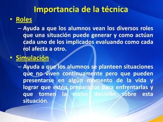 Importancia de la técnicaRolesAyuda a que los alumnos vean los diversos roles que una situación puede generar y como actúan cada uno de los implicados evaluando como cada rol afecta a otro.SimulaciónAyuda a que los alumnos se planteen situaciones que no viven continuamente pero que pueden presentarse en algún momento de la vida y lograr que estén preparados para enfrentarlas y que tomen la mejor decisión sobre esta situación.