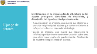El juego de 
actores 
Identificación en la empresa donde Ud. labora de los 
actores principales tomadores de decisiones, y 
descripción del tipo de actitud predominante. 
 A continuación se presenta una matriz que identifica y 
describe los principales actores que toman decisiones e 
influyen en ella en el banco donde trabajo. 
 Luego se presenta una matriz que representa la 
influencia predominante que ejerce un actor sobre otro 
para determinar cual es la predominante. Finalmente 
se muestra su representación gráfica. 
 