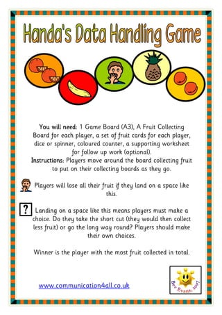 You will need: 1 Game Board (A3), A Fruit Collecting
 Board for each player, a set of fruit cards for each player,
 dice or spinner, coloured counter, a supporting worksheet
                for follow up work (optional).
Instructions: Players move around the board collecting fruit
        to put on their collecting boards as they go.

 Players will lose all their fruit if they land on a space like
                               this.

 Landing on a space like this means players must make a
choice. Do they take the short cut (they would then collect
less fruit) or go the long way round? Players should make
                      their own choices.

Winner is the player with the most fruit collected in total.



  www.communication4all.co.uk
 