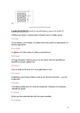18
21)
::::::::::::::::::::::::::::::::::::::::
Casilla INGENIO 39: resolver una adivinanza y pasar a la casilla 41
1) Blanca por dentro, verde por fuera. Si quieres que te lo diga, espera.
R: La pera
2) Con tomate y con lechuga, en el plato suelo estar; puedo ser algo picante y a
muchos hago llorar.
R: La cebolla
3) ¿Quieres té? ¡Pues toma té! ¿Sabes ya qué fruto es?
R: El tomate
4) Vengo de padres cantores, pero yo no soy cantor. Llevo la ropa blanca y
amarillo el corazón. ¿Quién soy?
R: El huevo
5) La A, anda. La B, besa. La C, reza ¿Qué fruta es esa?
R: La cereza
6) Redondo como la luna y blanco como la cal. Me hacen de leche… ¡y ya no
te digo más!
R: El queso
7) En blanco pañal nací, En verde me transformé, Y durante el crecimiento,
Amarillo me quedé.
R: El limón
8) Soy una loca amarrada que sólo sirvo para ensalada.
R: La lechuga
 