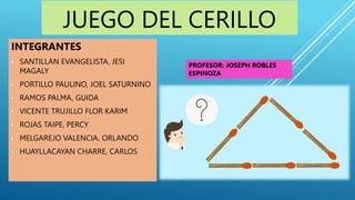 JUEGO DEL CERILLO
INTEGRANTES
• SANTILLAN EVANGELISTA, JESI
MAGALY
• PORTILLO PAULINO, JOEL SATURNINO
• RAMOS PALMA, GUIDA
• VICENTE TRUJILLO FLOR KARIM
• ROJAS TAIPE, PERCY
• MELGAREJO VALENCIA, ORLANDO
• HUAYLLACAYAN CHARRE, CARLOS
PROFESOR: JOSEPH ROBLES
ESPINOZA
 