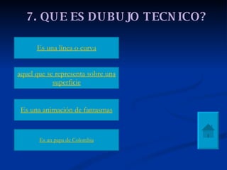7. QUE ES DUBUJO TECNICO? Es una línea o curva aquel que se representa sobre una superficie Es una animación de  fantasmas Es un papa de Colombia 