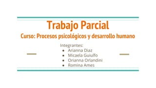Trabajo Parcial
Curso: Procesos psicológicos y desarrollo humano
Integrantes:
● Arianna Diaz
● Micaela Guiulfo
● Orianna Orlandini
● Romina Ames
 
