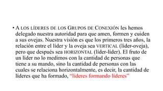 • A LOS LÍDERES DE LOS GRUPOS DE CONEXIÓN les hemos
delegado nuestra autoridad para que amen, formen y cuiden
a sus ovejas. Nuestra visión es que los primeros tres años, la
relación entre el líder y la oveja sea VERTICAL (líder-oveja),
pero que después sea HORIZONTAL (líder-líder). El fruto de
un líder no lo medimos con la cantidad de personas que
tiene a su mando, sino la cantidad de personas con las
cuales se relaciona horizontalmente, es decir, la cantidad de
líderes que ha formado, “líderes formando líderes”
 