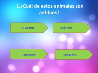 1,¿Cuál de estos animales son
anfibios?
A) Los gatos B) Las ranas
C) Los perros D) La paloma