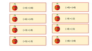 ( +4) + (+8)
( +6) + (+9)
( +3) + (-8)
( +5) + (-3) ( +8) + (+8)
( -8) + (-5)
( -9) + (-2)
( +9) + (+8)
 