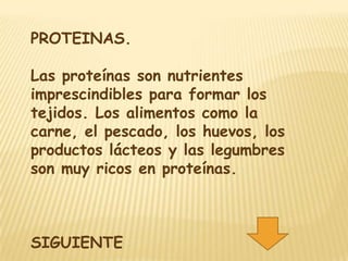 PROTEINAS.

Las proteínas son nutrientes
imprescindibles para formar los
tejidos. Los alimentos como la
carne, el pescado, los huevos, los
productos lácteos y las legumbres
son muy ricos en proteínas.



SIGUIENTE
 
