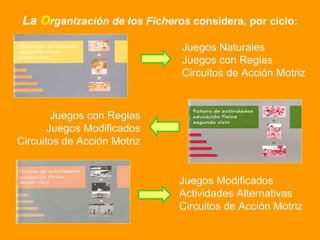 La  O rganización de los Ficheros   considera, por ciclo: Juegos Naturales Juegos con Reglas Circuitos de Acción Motriz Juegos con Reglas Juegos Modificados Circuitos de Acción Motriz Juegos Modificados Actividades Alternativas Circuitos de Acción Motriz 