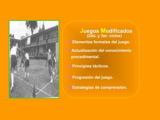 Actualización del conocimiento  procedimental. J uegos  M odificados Elementos formales del juego. Principios tácticos.  Progresión del juego. Estrategias de comprensión. (2do. y 3er. ciclos) 
