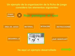 Un ejemplo de la organización de la ficha de juego  considera los elementos siguientes: ÁREA DE JUEGO MATERIAL INTENCIÓN INSTRUCCIONES DESARROLLO ¿QUÉ OBSERVAR? Nos  persigue  el  oso Juegos  naturales 2 He aquí un ejemplo desarrollado 