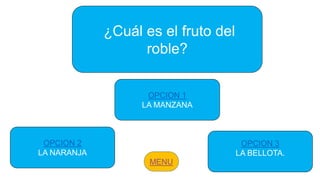 ¿Cuál es el fruto del
roble?
OPCION 2
LA NARANJA
OPCION 1
LA MANZANA
OPCION 3
LA BELLOTA.
 