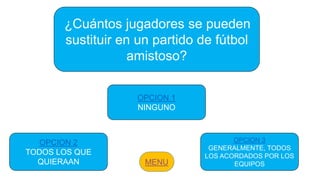 ¿Cuántos jugadores se pueden
sustituir en un partido de fútbol
amistoso?
OPCION 2
TODOS LOS QUE
QUIERAAN
OPCION 1
NINGUNO
OPCION 3
GENERALMENTE, TODOS
LOS ACORDADOS POR LOS
EQUIPOS
 