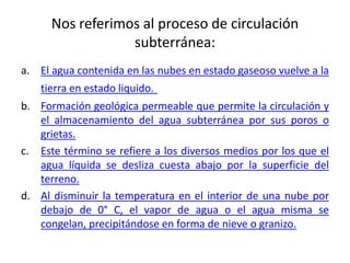 Nos referimos al proceso de circulación
subterránea:
a. El agua contenida en las nubes en estado gaseoso vuelve a la
tierra en estado liquido.
b. Formación geológica permeable que permite la circulación y
el almacenamiento del agua subterránea por sus poros o
grietas.
c. Este término se refiere a los diversos medios por los que el
agua líquida se desliza cuesta abajo por la superficie del
terreno.
d. Al disminuir la temperatura en el interior de una nube por
debajo de 0° C, el vapor de agua o el agua misma se
congelan, precipitándose en forma de nieve o granizo.
 