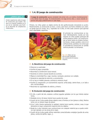 2    El juego en el desarrollo infantil



                                          1.4. El juego de construcción

     ¿Sabí a s q u e...?                   juego de construcción




                              -




                                                                                                          -


                                                                                                          -
                                                                                                          -




                                                                             Fig. 2.10. Niños de tres
                                                                             años de edad realizando
                                                                             una construcción de manera
                                                                             conjunta.


                                          A. Beneﬁcios del juego de construcción




                                          B. Evolución del juego de construcción




                                                                                                          -




38
 
