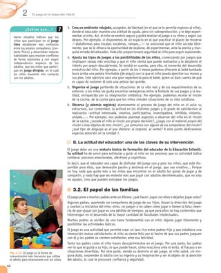 2     El juego en el desarrollo infantil



                                                   Crea un ambiente relajado,
             ¿Sab ía s q u e...?
                                                                                                                                                 -

                                  juego
     libre                                                                                                                                       -
                                       -                                                                                                         -

                                                   Ajusta los tipos de juegos a las posibilidades de los niños,

                                       -
             juego dirigido,




                                                   Organiza el juego
                                                                                                                                                 -


                                                   Observa (y además registra)



                                                                 ¿accede el niño al rincón por propia decisión?, ¿juega con el material propio del
                                                   rincón o trae objetos de otro rincón?, ¿se comunica con alguno de los compañeros del rincón?
                                                   ¿qué tipo de lenguaje es el que destaca: el corporal, el verbal?


                                                   B. La actitud del educador: una de las claves de su intervención
                                                                       materia básica de formación del educador de la Educación Infantil.
                                               Su actitud

                                                                                                                                                 -




                                                   3.2. El papel de las familias


                                                                                                                                                 -




 Fig. 2.13. El juego es la forma de                                                                                                              -
 comunicación más frecuente que utiliza
 el adulto para relacionarse con los niños.

42
 