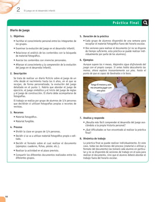 2        El juego en el desarrollo infantil




                                                                                            Prác tica final
     Diario de juego
     1. Objetivos                                           5. Duración de la práctica




                                                                                                                        -


                                                            6. Ejemplos
                                                               Aunque supere los 4 meses, Alejandra sigue disfrutando del
                                                               juego con el propio cuerpo. Si antes había descubierto las
                                                               manos, ahora explora incesantemente sus pies, hasta el
     2. Descripción                                            punto de que es capaz de llevárselos a la boca.



                                                                     Tengo 6 meses y aún
                                                                     me encanta jugar con
                                                                           mis pies




     3. Recursos

                                                            7. Analiza y responde
                                                                                                                        -
     4. Proceso


                                                        -
                                                            8. Dinámica de trabajo


                                                                                                                        -




50
 