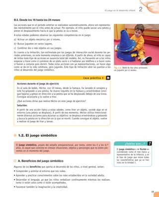 El juego en el desarrollo infantil      2
B.5. Desde los 18 hasta los 24 meses
                                                                                            -




a)
b)
c)
                                                                                            -
                                              diferida

            hacer como si

                                                                                                Fig. 2.4. Bebé de dos años activando
                                                                                                un juguete por sí mismo.


                                                         C a s o prá c t i c o 1

     Acciones durante el juego de ejercicio

                                                                                    -




     Solución:

                                                                                    -




     1.2. El juego simbólico

      juego simbólico,                                                                                     ¿Sabías q ue. . . ?
                                                                                        -         El juego simbólico       ﬁcción




     A. Beneﬁcios del juego simbólico
                 beneﬁcios




                                                                                                                                       33
 