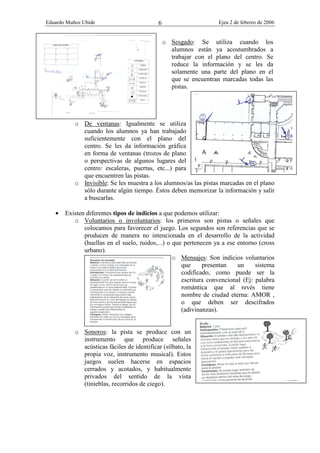 Eduardo Muñoz Ubide Ejea 2 de febrero de 2006
6
o Sesgado: Se utiliza cuando los
alumnos están ya acostumbrados a
trabajar con el plano del centro. Se
reduce la información y se les da
solamente una parte del plano en el
que se encuentran marcadas todas las
pistas.
o De ventanas: Igualmente se utiliza
cuando los alumnos ya han trabajado
suficientemente con el plano del
centro. Se les da información gráfica
en forma de ventanas (trozos de plano
o perspectivas de algunos lugares del
centro: escaleras, puertas, etc...) para
que encuentren las pistas.
o Invisible: Se les muestra a los alumnos/as las pistas marcadas en el plano
sólo durante algún tiempo. Éstos deben memorizar la información y salir
a buscarlas.
• Existen diferentes tipos de indicios a que podemos utilizar:
o Voluntarios o involuntarios: los primeros son pistas o señales que
colocamos para favorecer el juego. Los segundos son referencias que se
producen de manera no intencionada en el desarrollo de la actividad
(huellas en el suelo, ruidos,...) o que pertenecen ya a ese entorno (cross
urbano).
o Mensajes: Son indicios voluntarios
que presentan un sistema
codificado, como puede ser la
escritura convencional (Ej: palabra
romántica que al revés tiene
nombre de ciudad eterna: AMOR ,
o que deben ser descifrados
(adivinanzas).
o Sonoros: la pista se produce con un
instrumento que produce señales
acústicas fáciles de identificar (silbato, la
propia voz, instrumento musical). Estos
juegos suelen hacerse en espacios
cerrados y acotados, y habitualmente
privados del sentido de la vista
(tinieblas, recorridos de ciego).
 