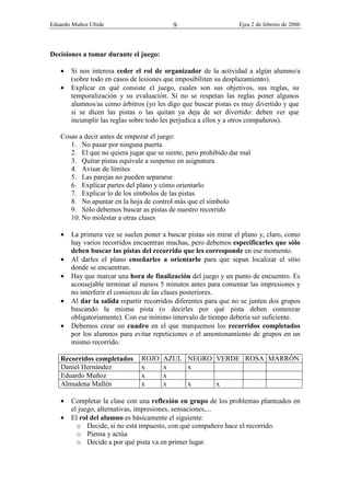 Eduardo Muñoz Ubide Ejea 2 de febrero de 2006
9
Decisiones a tomar durante el juego:
• Si nos interesa ceder el rol de organizador de la actividad a algún alumno/a
(sobre todo en casos de lesiones que imposibiliten su desplazamiento).
• Explicar en qué consiste el juego, cuales son sus objetivos, sus reglas, su
temporalización y su evaluación. Si no se respetan las reglas poner algunos
alumnos/as como árbitros (yo les digo que buscar pistas es muy divertido y que
si se dicen las pistas o las quitan ya deja de ser divertido: deben ver que
incumplir las reglas sobre todo les perjudica a ellos y a otros compañeros).
Cosas a decir antes de empezar el juego:
1. No pasar por ninguna puerta
2. El que no quiera jugar que se siente, pero prohibido dar mal
3. Quitar pistas equivale a suspenso en asignatura
4. Avisar de límites
5. Las parejas no pueden separarse
6. Explicar partes del plano y cómo orientarlo
7. Explicar lo de los símbolos de las pistas
8. No apuntar en la hoja de control más que el símbolo
9. Sólo debemos buscar as pistas de nuestro recorrido
10. No molestar a otras clases
• La primera vez se suelen poner a buscar pistas sin mirar el plano y, claro, como
hay varios recorridos encuentran muchas, pero debemos especificarles que sólo
deben buscar las pistas del recorrido que les corresponde en ese momento.
• Al darles el plano enseñarles a orientarlo para que sepan localizar el sitio
donde se encuentran.
• Hay que marcar una hora de finalización del juego y un punto de encuentro. Es
aconsejable terminar al menos 5 minutos antes para comentar las impresiones y
no interferir el comienzo de las clases posteriores.
• Al dar la salida repartir recorridos diferentes para que no se junten dos grupos
buscando la misma pista (o decirles por qué pista deben comenzar
obligatoriamente). Con ese mínimo intervalo de tiempo debería ser suficiente.
• Debemos crear un cuadro en el que marquemos los recorridos completados
por los alumnos para evitar repeticiones o el amontonamiento de grupos en un
mismo recorrido.
Recorridos completados ROJO AZUL NEGRO VERDE ROSA MARRÓN
Daniel Hernández x x x
Eduardo Muñoz x x
Almudena Mallén x x x x
• Completar la clase con una reflexión en grupo de los problemas planteados en
el juego, alternativas, impresiones, sensaciones,...
• El rol del alumno es básicamente el siguiente:
o Decide, si no está impuesto, con qué compañero hace el recorrido.
o Piensa y actúa
o Decide a por qué pista va en primer lugar.
 
