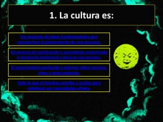 1. La cultura es:
     Un conjunto de ideas fundamentales que
   caracterizan el pensamiento de una persona.

Un proceso de socialización y aprendizaje encaminado
   al desarrollo intelectual y ético de una persona.

El conocimiento profundo y extenso sobre ciencias,
              artes y otras materias.

   Todo lo que el hombre concibe y realiza para
        satisfacer sus necesidades vitales.
 
