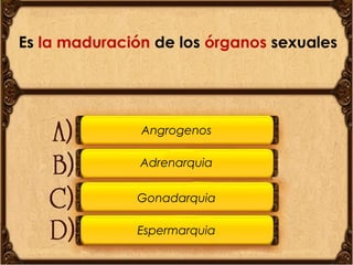 Es la maduración de los órganos sexuales

Angrogenos
Adrenarquia
Gonadarquia
Espermarquia

 