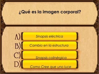 ¿Qué es la imagen corporal?

Sinapsis eléctrica
Cambio en la estructura

Sinapsis colinérgica
Como Cree que uno luce

 