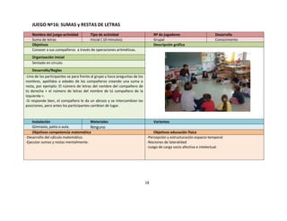 JUEGO Nº16: SUMAS y RESTAS DE LETRAS
    Nombre del juego-actividad       Tipo de actividad                           Nº de jugadores                    Desarrolla
    Suma de letras                   Inicial ( 10 minutos)                       Grupal                             Conocimiento
    Objetivos                                                                    Descripción gráfica
    Conocer a sus compañeros a través de operaciones aritméticas.
    Organización inicial
    Sentado en círculo.
    Desarrollo/Reglas
-Uno de los participantes se para frente al grupo y hace preguntas de los
nombres, apellidos o edades de los compañeros creando una suma o
resta, por ejemplo: El número de letras del nombre del compañero de
tú derecha + el número de letras del nombre de tú compañero de la
izquierda =.
-Si responde bien, el compañero le da un abrazo y se intercambian las
posiciones, pero antes los participantes cambian de lugar.



    Instalación                       Materiales                                 Variantes
    Gimnasio, patio o aula.           Ninguno
    Objetivos competencia matemática                                            Objetivos educación física
-Desarrollo del cálculo matemático.                                         -Percepción y estructuración espacio-temporal
-Ejecutar sumas y restas mentalmente.                                       -Nociones de lateralidad
                                                                            -Juego de carga socio afectiva e intelectual.




                                                                            18
 
