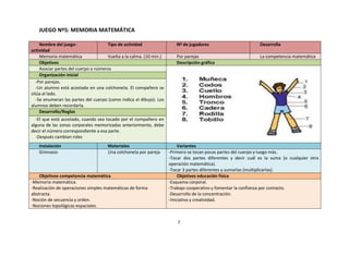 JUEGO Nº5: MEMORIA MATEMÁTICA

     Nombre del juego-                Tipo de actividad                 Nº de jugadores                        Desarrolla
actividad
     Memoria matemática               Vuelta a la calma. (10 min.)      Por parejas                            La competencia matemática
     Objetivos                                                          Descripción gráfica
     Asociar partes del cuerpo a números
     Organización inicial
   -Por parejas.
   -Un alumno está acostado en una colchoneta. El compañero se
sitúa al lado.
   -Se enumeran las partes del cuerpo (como indica el dibujo). Los
alumnos deben recordarla.
     Desarrollo/Reglas
  -El que está acostado, cuando sea tocado por el compañero en
alguna de las zonas corporales memorizadas anteriormente, debe
decir el número correspondiente a esa parte.
  -Después cambian roles
   Instalación                        Materiales                          Variantes
   Gimnasio                           Una colchoneta por pareja      -Primero se tocan pocas partes del cuerpo y luego más.
                                                                     -Tocar dos partes diferentes y decir cuál es la suma (o cualquier otra
                                                                     operación matemática).
                                                                     -Tocar 3 partes diferentes y sumarlas (multiplicarlas).
    Objetivos competencia matemática                                      Objetivos educación física
-Memoria matemática.                                                 -Esquema corporal.
-Realización de operaciones simples matemáticas de forma             -Trabajo cooperativo y fomentar la confianza por contacto.
abstracta.                                                           -Desarrollo de la concentración.
-Noción de secuencia y orden.                                        -Iniciativa y creatividad.
-Nociones topológicas espaciales.


                                                                         7
 