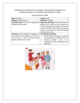COMPETENCIA: RECONOCE SUS CUALIDADES Y CAPACIDADES Y DESARROLLA SU
SENSIBILIDAD HACIA LAS CUALIDADES Y NECESIDADES DE OTROS.
QUE NO CAIGA EL GLOBO.
Edad: 5-6 Años. Espacio: Patio
Numero: 20-30 alumnos. Material. Un globo.
Situación Inicial: Los niños se distribuirán
libremente por el patio.
Desarrollo del juego: El maestro lanzará el
globo al aire, a partir de ese momento se
trata de conseguir que el globo no toque el
suelo teniendo en cuenta que no se puede
agarrar y que cuando un niño toca el globo
se sienta en el suelo.
Variantes: Arriba y abajo. Si un jugador que
está sentado toca el globo, se levanta; si
está de pie, se sienta. El juego finaliza
cuando el globo toca el suelo.
Aprendizajes esperados:
 Conoce el potencial propio a través de
la realización de actividades motrices.
 Enfrenta desafíos y solo, o en
colaboración, busca estrategias para
superarlos.
 