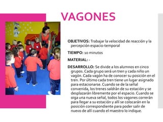 VAGONES
OBJETIVOS: Trabajar la velocidad de reacción y la
percepción espacio-temporal
TIEMPO: 10 minutos
MATERIAL: -
DESARROLLO: Se divide a los alumnos en cinco
grupos. Cada grupo será un tren y cada niño un
vagón. Cada vagón ha de conocer su posición en el
tren. Por último cada tren tiene un lugar asignado
para estacionarse. Cuando se de la señal
convenida, los trenes saldrán de su estación y se
desplazarán libremente por el espacio. Cuando se
oiga una nueva señal, todos los vagones correrán
para llegar a su estación y allí se colocarán en la
posición correspondiente para poder salir de
nuevo de allí cuando el maestro lo indique.
 