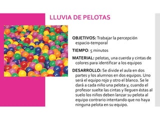 LLUVIA DE PELOTAS
OBJETIVOS:Trabajar la percepción
espacio-temporal
TIEMPO: 5 minutos
MATERIAL: pelotas, una cuerda y cintas de
colores para identificar a los equipos
DESARROLLO: Se divide el aula en dos
partes y los alumnos en dos equipos. Uno
será el equipo rojo y otro el blanco. Se le
dará a cada niño una pelota y, cuando el
profesor suelte las cintas y lleguen éstas al
suelo los niños deben lanzar su pelota al
equipo contrario intentando que no haya
ninguna pelota en su equipo.
 