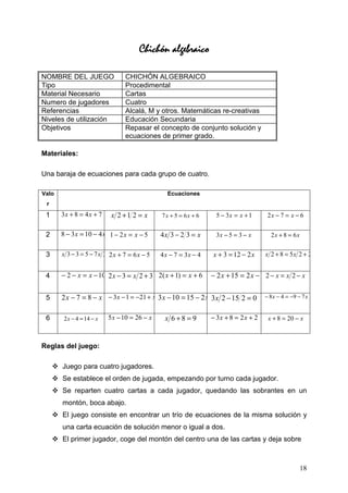 Chichón algebraico

NOMBRE DEL JUEGO                 CHICHÓN ALGEBRAICO
Tipo                             Procedimental
Material Necesario               Cartas
Numero de jugadores              Cuatro
Referencias                      Alcalá, M y otros. Matemáticas re-creativas
Niveles de utilización           Educación Secundaria
Objetivos                        Repasar el concepto de conjunto solución y
                                 ecuaciones de primer grado.

Materiales:

Una baraja de ecuaciones para cada grupo de cuatro.

Valo                                             Ecuaciones
 r
 1     3x + 8 = 4 x + 7     x 2 +1 2 = x       7 x + 5 = 6x + 6     5 − 3x = x + 1      2x − 7 = x − 6

 2     8 − 3 x = 10 − 4 x 1 − 2 x = x − 5      4x 3 − 2 3 = x       3x − 5 = 3 − x       2x + 8 = 6x


 3     x 3 − 3 = 5 − 7x 3 2x + 7 = 6x − 5      4 x − 7 = 3x − 4   x + 3 = 12 − 2 x     x 2 + 8 = 5x 2 + 2


 4     − 2 − x = x − 10 2 x − 3 = x 2 + 3 2( x + 1) = x + 6       − 2 x + 15 = 2 x − 1 2 − x = x 2 − x

 5     2 x − 7 = 8 − x − 3 x − 1 = −21 + x 3 x − 10 = 15 − 2 x 3x 2 − 15 2 = 0         − 8 x − 4 = −9 − 7 x


 6      2 x − 4 = 14 − x   5 x − 10 = 26 − x    x 6+8 = 9         − 3x + 8 = 2 x + 2    x + 8 = 20 − x



Reglas del juego:

       Juego para cuatro jugadores.
       Se establece el orden de jugada, empezando por turno cada jugador.
       Se reparten cuatro cartas a cada jugador, quedando las sobrantes en un
       montón, boca abajo.
       El juego consiste en encontrar un trío de ecuaciones de la misma solución y
       una carta ecuación de solución menor o igual a dos.
       El primer jugador, coge del montón del centro una de las cartas y deja sobre



                                                                                                       18
 