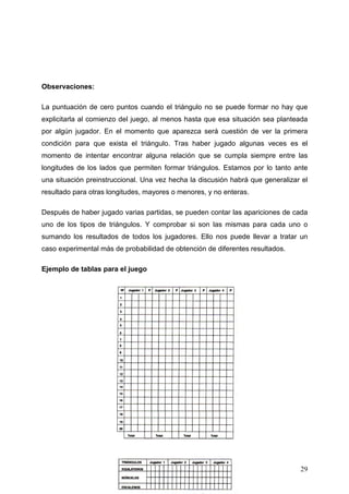 Observaciones:

La puntuación de cero puntos cuando el triángulo no se puede formar no hay que
explicitarla al comienzo del juego, al menos hasta que esa situación sea planteada
por algún jugador. En el momento que aparezca será cuestión de ver la primera
condición para que exista el triángulo. Tras haber jugado algunas veces es el
momento de intentar encontrar alguna relación que se cumpla siempre entre las
longitudes de los lados que permiten formar triángulos. Estamos por lo tanto ante
una situación preinstruccional. Una vez hecha la discusión habrá que generalizar el
resultado para otras longitudes, mayores o menores, y no enteras.

Después de haber jugado varias partidas, se pueden contar las apariciones de cada
uno de los tipos de triángulos. Y comprobar si son las mismas para cada uno o
sumando los resultados de todos los jugadores. Ello nos puede llevar a tratar un
caso experimental más de probabilidad de obtención de diferentes resultados.

Ejemplo de tablas para el juego




                                                                                29
 