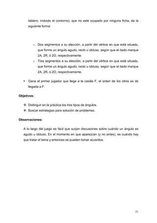 tablero, incluido el contorno), que no esté ocupado por ninguna ficha, de la
      siguiente forma:




         o Dos segmentos a su elección, a partir del vértice en que está situado,
             que forme un ángulo agudo, recto u obtuso, según que el dado marque
             2A, 2R, ó 2O, respectivamente.
         o Tres segmentos a su elección, a partir del vértice en que está situado,
             que forme un ángulo agudo, recto u obtuso, según que el dado marque
             2A, 2R, ó 2O, respectivamente.

      Gana el primer jugador que llega a la casilla F, el orden de los otros es de
      llegada a F.

Objetivos:

      Distinguir en la práctica los tres tipos de ángulos.
      Buscar estrategias para solución de problemas.

Observaciones:

   A lo largo del juego es fácil que surjan discusiones sobre cuándo un ángulo es
   agudo u obtuso. En el momento en que aparezcan (y no antes), es cuando hay
   que tratar el tema y entonces se pueden tomar acuerdos.




                                                                               31
 
