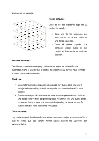 agujeros de los tableros.

                                          Reglas del juego:

                                          Cada de los dos jugadores coge las 32
                                          clavijas de su color.

                                              o Cada uno de los jugadores, por
                                                 turno, coloca una de sus clavijas en
                                                 uno de los agujeritos.
                                              o Gana      el      primer   jugador    que
                                                 consigue colocar cuatro de sus
                                                 clavijas en línea recta, en cualquier
                                                 posición.

Posibles variantes:

Con el mismo mecanismo de juego y las mismas reglas, se trata de formar
cuadrados. Gana el jugador que al acabar de colocar sus 32 clavijas haya formado
el mayor número de cuadrados.

Objetivos:

      Desarrollar la intuición espacial. Es un juego muy bueno para empezar a
      trabajar la imaginación y la intuición espacial, así como la alineación en el
      espacio.
      Buscar estrategias. Normalmente se suele empezar poniendo una clavija en
      uno de los ocho vértices del paralelepípedo resultante, y es una buena salida
      por que es desde el lugar que más posibilidades hay de formar rectas. Se
      pueden estudiar otras posiciones ventajosas.

Observaciones:

Hay bastantes posibilidades de formar rectas con cuatro clavijas, exactamente 76, lo
cual no indica que sea sencillo formar alguna cuando los jugadores son
experimentados.



                                                                                       41
 