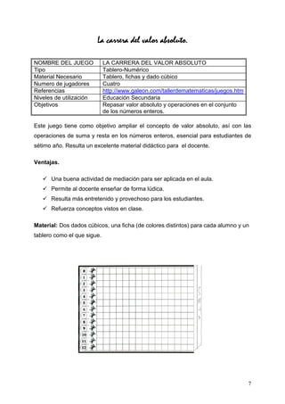 La carrera del valor absoluto.

NOMBRE DEL JUEGO             LA CARRERA DEL VALOR ABSOLUTO
Tipo                         Tablero-Numérico
Material Necesario           Tablero, fichas y dado cúbico
Numero de jugadores          Cuatro
Referencias                  http://www.galeon.com/tallerdematematicas/juegos.htm
Niveles de utilización       Educación Secundaria
Objetivos                    Repasar valor absoluto y operaciones en el conjunto
                             de los números enteros.

Este juego tiene como objetivo ampliar el concepto de valor absoluto, así con las
operaciones de suma y resta en los números enteros, esencial para estudiantes de
sétimo año. Resulta un excelente material didáctico para el docente.

Ventajas.

      Una buena actividad de mediación para ser aplicada en el aula.
      Permite al docente enseñar de forma lúdica.
      Resulta más entretenido y provechoso para los estudiantes.
      Refuerza conceptos vistos en clase.

Material: Dos dados cúbicos, una ficha (de colores distintos) para cada alumno y un
tablero como el que sigue.




                                                                                    7
 