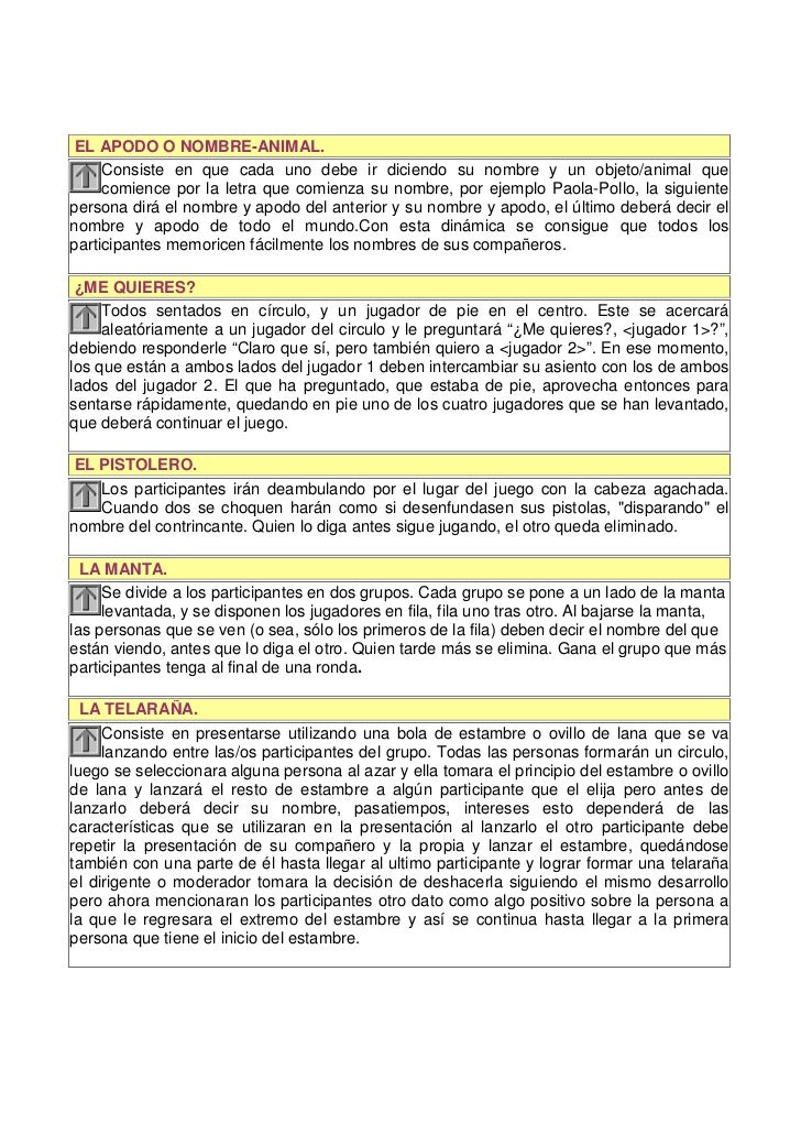EL APODO O NOMBRE-ANIMAL. Consiste en que cada uno debe ir diciendo su nombre y un objeto/animal que comience por ...
