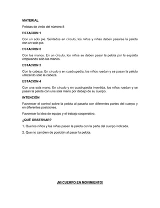 MATERIAL
Pelotas de vinilo del número 8
ESTACION 1
Con un solo pie. Sentados en círculo, los niños y niñas deben pasarse la pelota
con un solo pie.
ESTACION 2
Con las manos. En un círculo, los niños se deben pasar la pelota por la espalda
empleando sólo las manos.
ESTACION 3
Con la cabeza. En círculo y en cuadrupedia, los niños ruedan y se pasan la pelota
utilizando sólo la cabeza.
ESTACION 4
Con una sola mano. En círculo y en cuadrupedia invertida, los niños ruedan y se
pasan la pelota con una sola mano por debajo de su cuerpo.
INTENCIÓN
Favorecer el control sobre la pelota al pasarla con diferentes partes del cuerpo y
en diferentes posiciones.
Favorecer la idea de equipo y el trabajo cooperativo.
¿QUÉ OBSERVAR?
1. Que los niños y las niñas pasen la pelota con la parte del cuerpo indicada.
2. Que no cambien de posición al pasar la pelota.
¡MI CUERPO EN MOVIMIENTO!
 