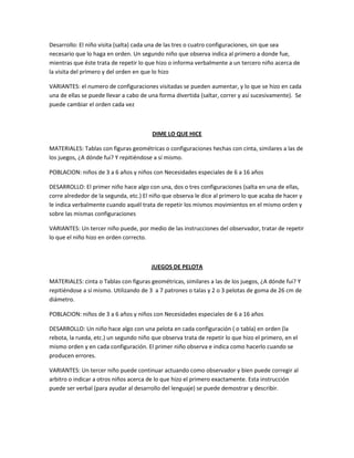 Desarrollo: El niño visita (salta) cada una de las tres o cuatro configuraciones, sin que sea
necesario que lo haga en orden. Un segundo niño que observa indica al primero a donde fue,
mientras que éste trata de repetir lo que hizo o informa verbalmente a un tercero niño acerca de
la visita del primero y del orden en que lo hizo
VARIANTES: el numero de configuraciones visitadas se pueden aumentar, y lo que se hizo en cada
una de ellas se puede llevar a cabo de una forma divertida (saltar, correr y así sucesivamente). Se
puede cambiar el orden cada vez
DIME LO QUE HICE
MATERIALES: Tablas con figuras geométricas o configuraciones hechas con cinta, similares a las de
los juegos, ¿A dónde fui? Y repitiéndose a sí mismo.
POBLACION: niños de 3 a 6 años y niños con Necesidades especiales de 6 a 16 años
DESARROLLO: El primer niño hace algo con una, dos o tres configuraciones (salta en una de ellas,
corre alrededor de la segunda, etc.) El niño que observa le dice al primero lo que acaba de hacer y
le indica verbalmente cuando aquél trata de repetir los mismos movimientos en el mismo orden y
sobre las mismas configuraciones
VARIANTES: Un tercer niño puede, por medio de las instrucciones del observador, tratar de repetir
lo que el niño hizo en orden correcto.
JUEGOS DE PELOTA
MATERIALES: cinta o Tablas con figuras geométricas, similares a las de los juegos, ¿A dónde fui? Y
repitiéndose a sí mismo. Utilizando de 3 a 7 patrones o talas y 2 o 3 pelotas de goma de 26 cm de
diámetro.
POBLACION: niños de 3 a 6 años y niños con Necesidades especiales de 6 a 16 años
DESARROLLO: Un niño hace algo con una pelota en cada configuración ( o tabla) en orden (la
rebota, la rueda, etc.) un segundo niño que observa trata de repetir lo que hizo el primero, en el
mismo orden y en cada configuración. El primer niño observa e indica como hacerlo cuando se
producen errores.
VARIANTES: Un tercer niño puede continuar actuando como observador y bien puede corregir al
arbitro o indicar a otros niños acerca de lo que hizo el primero exactamente. Esta instrucción
puede ser verbal (para ayudar al desarrollo del lenguaje) se puede demostrar y describir.
 