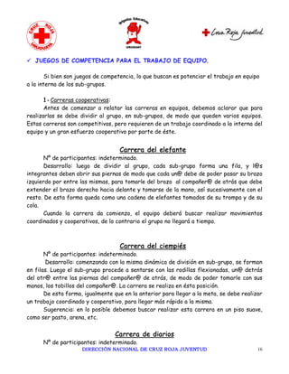 ü JUEGOS DE COMPETENCIA PARA EL TRABAJO DE EQUIPO.

        Si bien son juegos de competencia, lo que buscan es potenciar el trabajo en equipo
a la interna de los sub-grupos.

       1 - Carreras cooperativas:
       Antes de comenzar a relatar las carreras en equipos, debemos aclarar que para
realizarlas se debe dividir al grupo, en sub-grupos, de modo que queden varios equipos.
Estas carreras son competitivas, pero requieren de un trabajo coordinado a la interna del
equipo y un gran esfuerzo cooperativo por parte de éste.


                                   Carrera del elefante
       Nº de participantes: indeterminado.
       Desarrollo: luego de dividir al grupo, cada sub-grupo forma una fila, y l@s
integrantes deben abrir sus piernas de modo que cada un@ debe de poder pasar su brazo
izquierdo por entre las mismas, para tomarle del brazo al compañer@ de atrás que debe
extender el brazo derecho hacia delante y tomarse de la mano, así sucesivamente con el
resto. De esta forma queda como una cadena de elefantes tomados de su trompa y de su
cola.
       Cuando la carrera da comienzo, el equipo deberá buscar realizar movimientos
coordinados y cooperativos, de lo contrario el grupo no llegará a tiempo.



                                    Carrera del ciempiés
       Nº de participantes: indeterminado.
       Desarrollo: comenzando con la misma dinámica de división en sub-grupo, se forman
en filas. Luego el sub-grupo procede a sentarse con las rodillas flexionadas, un@ detrás
del otr@ entre las piernas del compañer@ de atrás, de modo de poder tomarle con sus
manos, los tobillos del compañer@. La carrera se realiza en ésta posición.
       De esta forma, igualmente que en la anterior para llegar a la meta, se debe realizar
un trabajo coordinado y cooperativo, para llegar más rápido a la misma.
       Sugerencia: en lo posible debemos buscar realizar esta carrera en un piso suave,
como ser pasto, arena, etc.


                                  Carrera de diarios
      Nº de participantes: indeterminado.
                     DIRECCIÓN NACIONAL DE CRUZ ROJA JUVENTUD                            16 
 