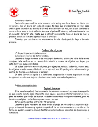 Materiales: diarios.
      Desarrollo: para realizar esta carrera cada sub-grupo debe tener un diario por
integrante, mas un diario por cada sub-grupo; de modo que al disponerse en filas, cada
un@ se pare encima de su diario y el últim@ tiene el diario de mas, que al dar comienzo la
carrera debe pasarlo hacia delante para que el primer@ avance y así sucesivamente con
el segund@, tercer@, etc., hasta que el últim@ nuevamente tiene el diario de más, y
procede a realizar la misma operación que al principio.
      El equipo que coordine estos movimientos lo más rápido posible, llega a la meta
primero.



                                     Cadena de objetos
       Nº de participantes: indeterminado.
       Materiales: objetos de distinta índole.
       Desarrollo: luego de tener a los sub-grupos formados, a cada uno se le da la misma
consigna: debe realizar en un tiempo determinado la cadena de objetos mas larga, que
esté dentro de sus posibilidades.
       Se puede usar todo tipo de objetos, por ejemplos, relojes, cadenitas, buzos, etc.;
los objetos se colocan uno al lado del otro, sobre el piso. El que logre la cadena mas larga
dentro del tiempo acordado será el ganador.
       En esta carrera se apela a la confianza, cooperación y buena disposición de los
integrantes a ceder sus objetos, desde el más común hasta el más preciado.



      2- Manchas cooperativas:
                                        Espiral humano
       Esta mancha apela al funcionamiento de una mancha normal, pero con la excepción
de que en ésta mancha cada integrante es un equipo, que debe intentar manchar al resto,
pero de manera que tod@s se muevan en forma coordinada y cooperativamente, para no
terminar en el piso, con bellos raspones en sus cuerpos.
       Nº de participantes: entre 20 y 40 personas.
      Desarrollo: para realizarla se debe dividir al grupo en sub-grupos. Luego cada sub-
grupo se toma de las manos y algún/a compañer@ de las puntas comienza a enrollarse, de
forma de quedar en espiral. Cuando tod@s hayan formado sus espirales, se da comienzo a
la mancha.


                     DIRECCIÓN NACIONAL DE CRUZ ROJA JUVENTUD                             17 
 
