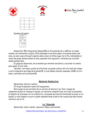 Ejemplo del papel:
              X   X

              X   X

              X       X

                  X   X




       Desarrollo: l@s integrantes dispuest@s en fila pasarán de a un@ por el campo
minado, así intentarán cruzarlo. El/la animador/a les hace saber si se paran sobre una
mina, en este caso el/la participante debe volver al último lugar de la fila, indicándole al
resto del grupo donde estaba la mina, pasando el/la siguiente, teniendo que recordar
donde estaba ésta.
       El juego se desarrolla, en la medida que intenten encontrar y recordar el camino
para pasar al otro lado.
       Variante: con mayor grado de dificultad, se puede colocar del otro lado del campo
a un/a integrante que haga de prisioner@, al cual deben rescatar pasando tod@s al otro
lado y volviendo con el prisioner@.



                                      Material Radiactivo
       Materiales: diarios o similar.
       Nº de participantes: hasta 20 integrantes.
       Este juego es una variante de La carrera de diarios ( ver ítem, Juegos de
competencia para el trabajo en equipo, en Carreras competitivas), en el que se presenta
el desafío de atravesar un río radioactivo, utilizando sus diarios intentando no pisar el río
(suelo), si esto llegara a ocurrir queda imposibilitada la parte del cuerpo que haya tenido
contacto con el río.

                                           La Telaraña
      Materiales: hilos o similar, lapicera o lápiz y una botella.

                          DIRECCIÓN NACIONAL DE CRUZ ROJA JUVENTUD                         20 
 