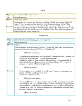 19
Sin la...
Objetivo Fomentar las habilidades de escritura
Tipo Juegos de palabras
Material Material para escribir.
Desarrollo
El organizador dice una frase que él escoja, por ejemplo: "Desde aquí se oye el silbido del
trenecito". Una vez que todos hayan escrito la frase, el organizador dice: "Sin la i". Los
participantes tienen tres minutos para escribir otra frase que signifique lo mismo pero que no
contenga ni una sola i, por ejemplo: "Desde este lugar llega el soplo del pequeño tren". Luego
se corrigen las frases bajo estos criterios: No tener ni una vocal como la indicada y tener un
significado análogo al de la frase inicial.
Adivinanzas
Objetivo Estimular la formulación de preguntas y la imaginación
Tipo Juegos de palabras
Material Ninguno
Desarrollo
Estas adivinanzas se pueden proponer al grupo. El grupo sólo puede hacer preguntas que el
que cuente la historia conteste con "sí", "no" o "es indiferente".
o El hombre del ascensor
Un hombre vive en un edificio en el décimo piso. Todos los días baja a comprar, y al
volver, sube hasta el séptimo y el reto lo sube caminando.
Solución: el hombre es enano y no llega al botón número 10. Se puede añadir la
pista: "cuando llueve, sube directamente hasta el piso número 10", ya que usa el
paraguas para apretar el botón correspondiente.
o El hombre en el bar
Un hombre entra en un bar y pide un vaso de agua. El camarero le apunta con una
pistola. El hombre le da las gracias y se va.
Solución: el hombre tenía hipo
o El hombre que se ahorcó
No lejos de Madrid, en un pajar de madera, hay un hombre ahorcado en la viga del
medio. El pajar está vacío, y no hay ninguna escalera. Sin embargo, la viga está a 10
metros de altura, y los pies están a cuatro metros del suelo. ¿Cómo se pudo ahorcar?
Solución: El se subió a un bloque de hielo y éste se fue derritiendo. Se puede añadir
otra pista: "había un charco de agua".
o Muerto en el campo
 