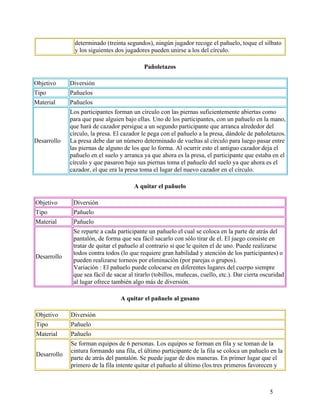 5
determinado (treinta segundos), ningún jugador recoge el pañuelo, toque el silbato
y los siguientes dos jugadores pueden unirse a los del círculo.
Pañoletazos
Objetivo Diversión
Tipo Pañuelos
Material Pañuelos
Desarrollo
Los participantes forman un círculo con las piernas suficientemente abiertas como
para que pase alguien bajo ellas. Uno de los participantes, con un pañuelo en la mano,
que hará de cazador persigue a un segundo participante que arranca alrededor del
círculo, la presa. El cazador le pega con el pañuelo a la presa, dándole de pañoletazos.
La presa debe dar un número determinado de vueltas al círculo para luego pasar entre
las piernas de alguno de los que lo forma. Al ocurrir esto el antiguo cazador deja el
pañuelo en el suelo y arranca ya que ahora es la presa, el participante que estaba en el
círculo y que pasaron bajo sus piernas toma el pañuelo del suelo ya que ahora es el
cazador, el que era la presa toma el lugar del nuevo cazador en el círculo.
A quitar el pañuelo
Objetivo Diversión
Tipo Pañuelo
Material Pañuelo
Desarrollo
Se reparte a cada participante un pañuelo el cual se coloca en la parte de atrás del
pantalón, de forma que sea fácil sacarlo con sólo tirar de el. El juego consiste en
tratar de quitar el pañuelo al contrario si que le quiten el de uno. Puede realizarse
todos contra todos (lo que requiere gran habilidad y atención de los participantes) o
pueden realizarse torneos por eliminación (por parejas o grupos).
Variación : El pañuelo puede colocarse en diferentes lugares del cuerpo siempre
que sea fácil de sacar al tirarlo (tobillos, muñecas, cuello, etc.). Dar cierta oscuridad
al lugar ofrece también algo más de diversión.
A quitar el pañuelo al gusano
Objetivo Diversión
Tipo Pañuelo
Material Pañuelo
Desarrollo
Se forman equipos de 6 personas. Los equipos se forman en fila y se toman de la
cintura formando una fila, el último participante de la fila se coloca un pañuelo en la
parte de atrás del pantalón. Se puede jugar de dos maneras. En primer lugar que el
primero de la fila intente quitar el pañuelo al último (los tres primeros favorecen y
 