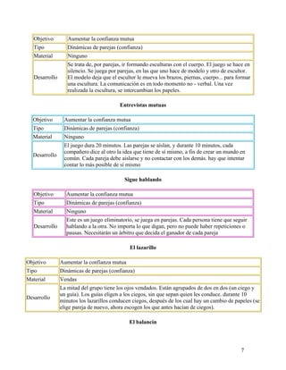 7
Objetivo Aumentar la confianza mutua
Tipo Dinámicas de parejas (confianza)
Material Ninguno
Desarrollo
Se trata de, por parejas, ir formando esculturas con el cuerpo. El juego se hace en
silencio. Se juega por parejas, en las que uno hace de modelo y otro de escultor.
El modelo deja que el escultor le mueva los brazos, piernas, cuerpo... para formar
una escultura. La comunicación es en todo momento no - verbal. Una vez
realizada la escultura, se intercambian los papeles.
Entrevistas mutuas
Objetivo Aumentar la confianza mutua
Tipo Dinámicas de parejas (confianza)
Material Ninguno
Desarrollo
El juego dura 20 minutos. Las parejas se aíslan, y durante 10 minutos, cada
compañero dice al otro la idea que tiene de sí mismo, a fin de crear un mundo en
común. Cada pareja debe aislarse y no contactar con los demás. hay que intentar
contar lo más posible de sí mismo
Sigue hablando
Objetivo Aumentar la confianza mutua
Tipo Dinámicas de parejas (confianza)
Material Ninguno
Desarrollo
Este es un juego eliminatorio, se juega en parejas. Cada persona tiene que seguir
hablando a la otra. No importa lo que digan, pero no puede haber repeticiones o
pausas. Necesitarán un árbitro que decida el ganador de cada pareja
El lazarillo
Objetivo Aumentar la confianza mutua
Tipo Dinámicas de parejas (confianza)
Material Vendas
Desarrollo
La mitad del grupo tiene los ojos vendados. Están agrupados de dos en dos (un ciego y
un guía). Los guías eligen a los ciegos, sin que sepan quien les conduce. durante 10
minutos los lazarillos conducen ciegos, después de los cual hay un cambio de papeles (se
elige pareja de nuevo, ahora escogen los que antes hacían de ciegos).
El balancín
 