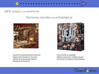 Lvl 5: Juegos y su potencial
F2PF2P
m
Deciones morales vs estratégicas
- Incentiva comportamientos extremos
- Negociación basada en el secreto
- Efectos de la percepción del otro
- Manejo de la frutración
- Conveniente vs aceptable
- Objetivo personal vs objetivo grupal
- Acusación de traidores y desconfianza
 