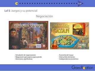 Lvl 5: Juegos y su potencial
F2PF2P
m
Negociación
- Simulación de negociaciones
- Negociacón gana-gana y gana-pierde
- Deciciones significativas
- Economía de truque
- Intercambio de bienes
- Codependencia económica
 
