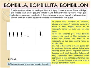 BOMBILLA, BOMBILLITA, BOMBILLÓN El juego se desarrolla en un rectángulo. Uno se la liga y otro es la madre. El que se la liga está ubicado en un cuadro pequeño pintado en uno de los extremos superiores y vigila que todos los componentes cumplan las órdenes dadas por la madre. La madres y los demás se colocan en fila en el fondo opuesto a donde se encuentra el que se la queda. La madre dice: "nombres de (animales, plantas, provincias,...)" y diciendo un nombre sobre el tema elegido entran en el rectángulo dando un salto con los pies juntos. Todos van entrando por orden diciendo nombres sin repetir ni fallar, teniendo en cuenta que cuando uno entra en el rectángulo los que están dentro hacen un eco del salto. Una vez todos dentro la madre puede dar las siguientes órdenes: delante (salto hacia delante), detrás, derecha ,izquierda, bombilla (quietos en el sitio), bombillita (salto en el sitio), bombillón (salir corriendo hasta sobrepasar la línea del rectángulo la liga nos dé). El que sea dado por la madre se la liga y el juego comienza de nuevo. 1- Si alguno jugador se equivoca pasará a ligársela. REGLAS: 