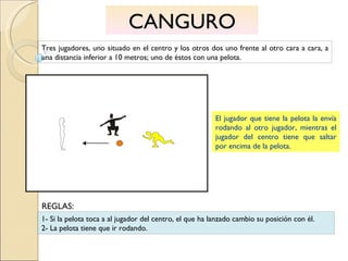 CANGURO Tres jugadores, uno situado en el centro y los otros dos uno frente al otro cara a cara, a una distancia inferior a 10 metros; uno de éstos con una pelota. El jugador que tiene la pelota la envía rodando al otro jugador, mientras el jugador del centro tiene que saltar por encima de la pelota. 1- Si la pelota toca a al jugador del centro, el que ha lanzado cambio su posición con él. 2- La pelota tiene que ir rodando. REGLAS: 